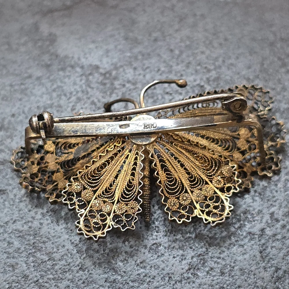 Vintage Italian 800 Silver Filigree Butterfly Brooch with a gold wash (vermeil)